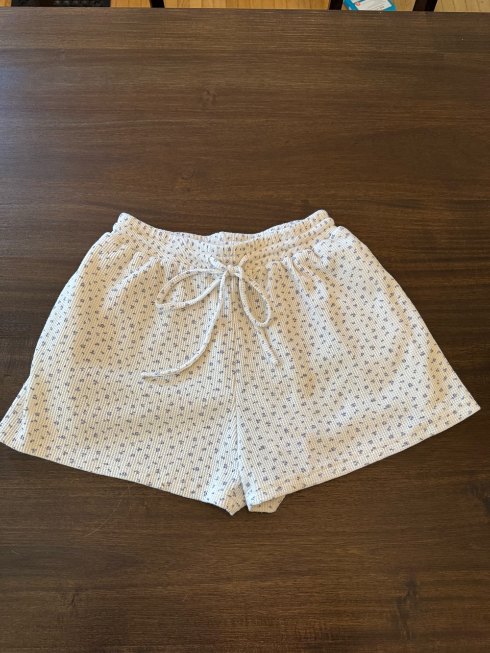 Pretty Garbage Cozy Textured Drawstring Shorts in Cream with Blue Size S